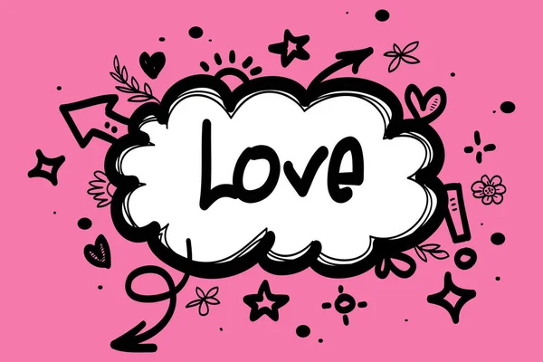 ブランド語の愛と心と雲ベクトルピンク色のイラスト ビジネス抽象的な装飾的背景 単語のブランディングと落書きラインアートスタイルのデザイン — ストックベクタ