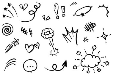 Elle çizilmiş karikatür tabelaları, eğri yönlü oklar, ifade efektleri tasarım elemanları, çizgi film karakteri duygu sembolleri, sevimli dekoratif fırça darbeleri..