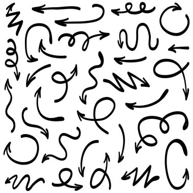 Elle çizilmiş oklar. Vektör karalama tasarım elementleri. İş bilgileri, afişler, web ve konsept tasarımı için beyaz arkaplan üzerine resim..