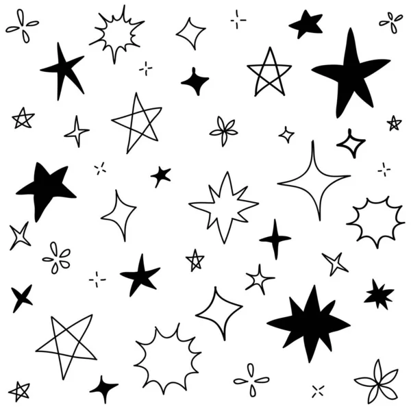 Set Med Svarta Handritade Doodle Stjärnor Isolerad Vit Bakgrund — Stock vektor