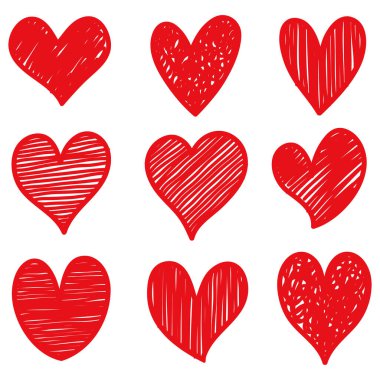Doodle Hearts, el yapımı aşk kalpleri. Vektör illüstrasyonu.