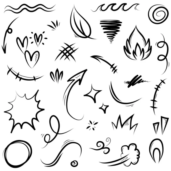 手描きの漫画式のベクトルセットは 曲線方向の矢印 感情効果のデザイン要素 漫画のキャラクター感情記号 かわいい装飾ブラシストロークラインを署名します — ストックベクタ