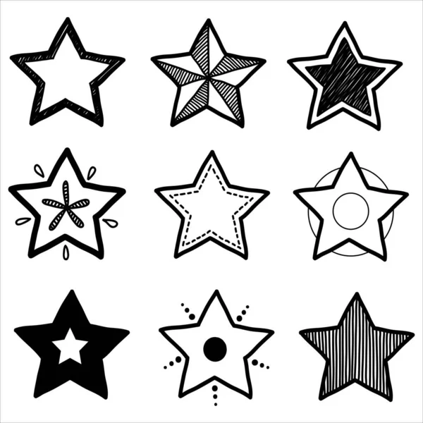 Zestaw Czarnych Ręcznie Rysowanych Gwiazd Bazgrołów Izolacji Białym Tle — Wektor stockowy