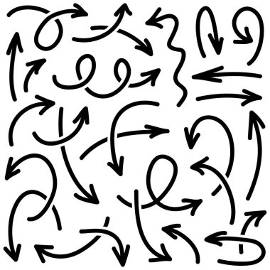 Elle çizilmiş oklar. Vektör karalama tasarım elementleri. İş bilgileri, afişler, web ve konsept tasarımı için beyaz arkaplan üzerine resim..