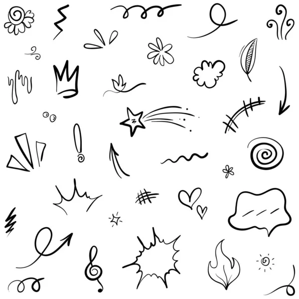 手描きの漫画式のベクトルセットは 曲線方向の矢印 感情効果のデザイン要素 漫画のキャラクター感情記号 かわいい装飾ブラシストロークラインを署名します — ストックベクタ