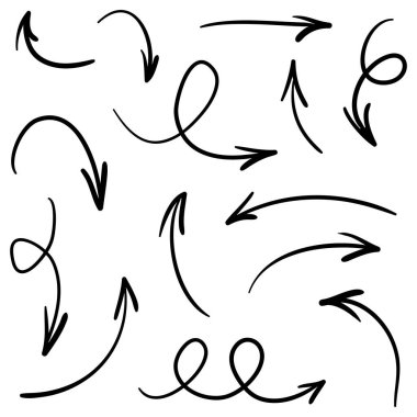 Elle çizilmiş oklar. Vektör karalama tasarım elementleri. İş bilgileri, afişler, web ve konsept tasarımı için beyaz arkaplan üzerine resim..