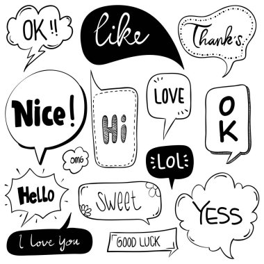 El yapımı konuşma baloncukları izole edildi. karala, Doodle set elementi. Vektör illüstrasyonu.