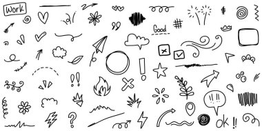 Çizgiler, oklar, daireler ve eğriler vektörü. El çizimi tasarım elementleri bilgi için beyaz arkaplanda izole edildi. vektör illüstrasyonu.