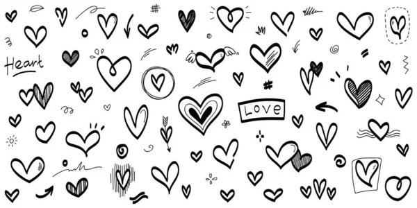 Doodle Hearts Samling Färgade Handritade Kärlekshjärtan Vektorillustration — Stock vektor