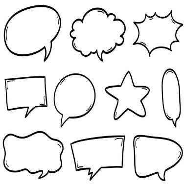 El yapımı konuşma baloncukları izole edildi. Doodle kümesi elemanı. Vektör illüstrasyonu.