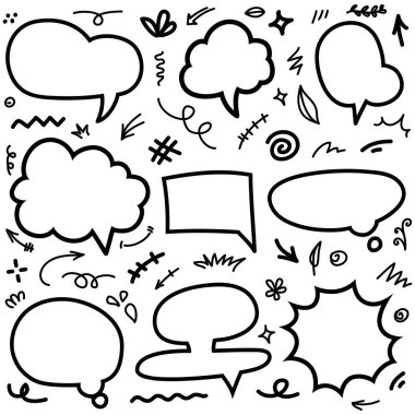 El yapımı konuşma baloncukları izole edildi. Doodle kümesi elemanı. Vektör illüstrasyonu.
