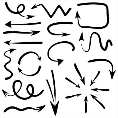 El çizimi Oklar simgeleri ayarlandı. Çeşitli yönlerde ok simgesi. Doodle vektör çizimi. beyaz arkaplanda izole edilmiş.