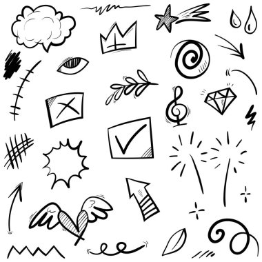 Elle çizilmiş karikatür tabelaları, eğri yönlü oklar, ifade efektleri tasarım elemanları, çizgi film karakteri duygu sembolleri, sevimli dekoratif fırça darbeleri..