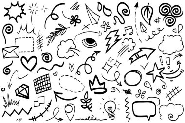 Elle çizilmiş karikatür tabelaları, eğri yönlü oklar, ifade efektleri tasarım elemanları, çizgi film karakteri duygu sembolleri, sevimli dekoratif fırça darbeleri..