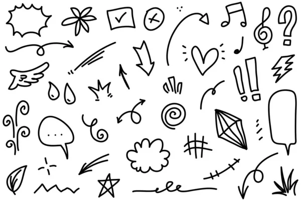 Çizgiler, oklar, daireler ve eğriler vektörü. El çizimi tasarım elementleri bilgi için beyaz arkaplanda izole edildi. vektör illüstrasyonu.