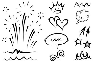 Çizgiler, oklar, daireler ve eğriler vektörü. El çizimi tasarım elementleri bilgi için beyaz arkaplanda izole edildi. vektör illüstrasyonu.