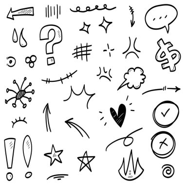 Çizgiler, oklar, daireler ve eğriler vektörü. El çizimi tasarım elementleri bilgi için beyaz arkaplanda izole edildi. vektör illüstrasyonu.