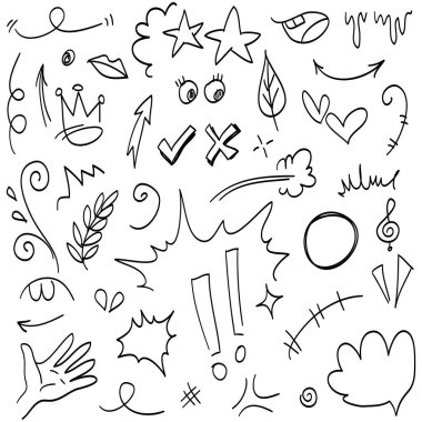 Çizgiler, oklar, daireler ve eğriler vektörü. El çizimi tasarım elementleri bilgi için beyaz arkaplanda izole edildi. vektör illüstrasyonu.