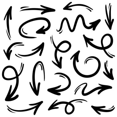 El çizimi Oklar simgeleri ayarlandı. Çeşitli yönlerde ok simgesi. Doodle vektör çizimi. beyaz arkaplanda izole edilmiş.