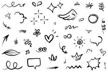 Çizgiler, oklar, daireler ve eğriler vektörü. El çizimi tasarım elementleri bilgi için beyaz arkaplanda izole edildi. vektör illüstrasyonu.