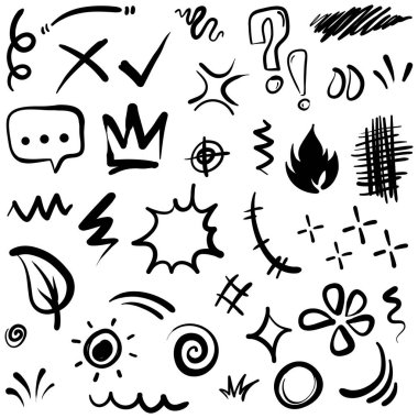 Çizgiler, oklar, daireler ve eğriler vektörü. El çizimi tasarım elementleri bilgi için beyaz arkaplanda izole edildi. vektör illüstrasyonu.