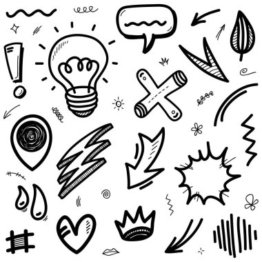 Çizgiler, oklar, daireler ve eğriler vektörü. El çizimi tasarım elementleri bilgi için beyaz arkaplanda izole edildi. vektör illüstrasyonu.