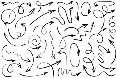 Elle çizilmiş oklar. Vektör karalama tasarım elementleri. İş bilgileri, afişler, web ve konsept tasarımı için beyaz arkaplan üzerine resim..