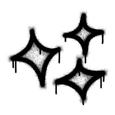 Sprey boyalı Graffiti yıldızları beyaz arkaplan ile izole edilmiş parlayan ikon. Duvar yazıları beyazın üzerine siyah püskürtülmüş. Vektör illüstrasyonu.