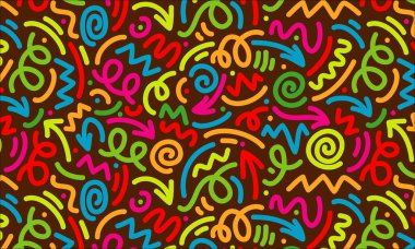 Eğlenceli renkli karalamalar, pürüzsüz desenler. Çocuklar için yaratıcı soyut sanat koleksiyonu ya da şenlikli kutlama tasarımı. Basit çocuksu karalama duvar kağıdı deseni demeti.