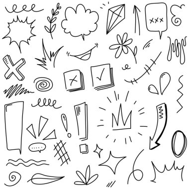 Çizgiler, oklar, daireler ve eğriler vektörü. El çizimi tasarım elementleri bilgi için beyaz arkaplanda izole edildi. vektör illüstrasyonu.