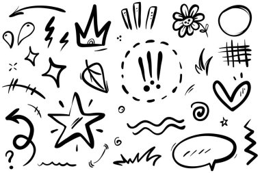 Çizgiler, oklar, daireler ve eğriler vektörü. El çizimi tasarım elementleri bilgi için beyaz arkaplanda izole edildi. vektör illüstrasyonu.