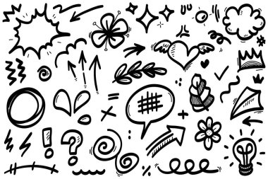 Çizgiler, oklar, daireler ve eğriler vektörü. El çizimi tasarım elementleri bilgi için beyaz arkaplanda izole edildi. vektör illüstrasyonu.