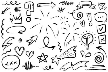 Çizgiler, oklar, daireler ve eğriler vektörü. El çizimi tasarım elementleri bilgi için beyaz arkaplanda izole edildi. vektör illüstrasyonu.