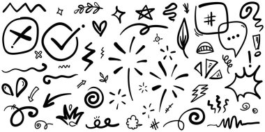 Çizgiler, oklar, daireler ve eğriler vektörü. El çizimi tasarım elementleri bilgi için beyaz arkaplanda izole edildi. vektör illüstrasyonu.