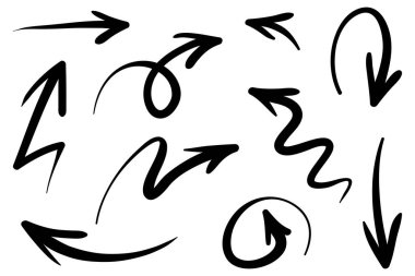 Elle çizilmiş oklar. Vektör karalama tasarım elementleri. İş bilgileri, afişler, web ve konsept tasarımı için beyaz arkaplan üzerine resim..