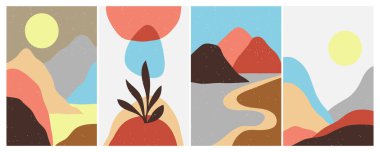 Bir dizi yaratıcı soyut dağ manzarası ve dağ sıraları. Yüzyılın ortalarında, elle çizilmiş dağlar, deniz veya göl, gökyüzü, güneş ve ay gibi modern vektör çizimleri.