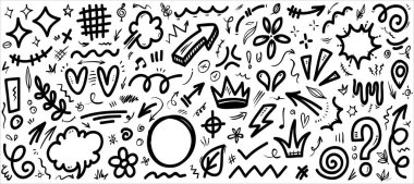 Çizgiler, oklar, daireler ve eğriler vektörü. El çizimi tasarım elementleri bilgi için beyaz arkaplanda izole edildi. vektör illüstrasyonu.