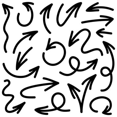 Elle çizilmiş oklar. Vektör karalama tasarım elementleri. İş bilgileri, afişler, web ve konsept tasarımı için beyaz arkaplan üzerine resim..