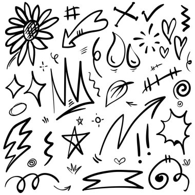 Elle çizilmiş karikatür tabelaları, eğri yönlü oklar, ifade efektleri tasarım elemanları, çizgi film karakteri duygu sembolleri, sevimli dekoratif fırça darbeleri..