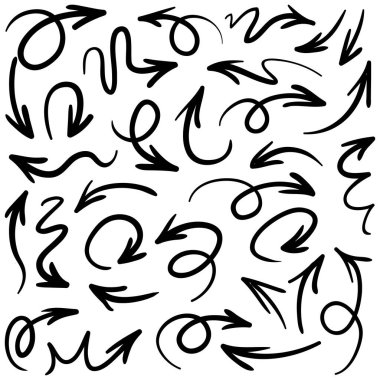 Elle çizilmiş oklar. Vektör karalama tasarım elementleri. İş bilgileri, afişler, web ve konsept tasarımı için beyaz arkaplan üzerine resim..