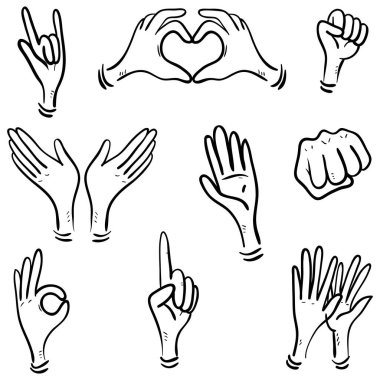 El yapımı el işaretleri. Alkışlar, baş parmaklar yukarı. İnsan elleri alkışlıyor. karalama biçimi, vektör çizimi.