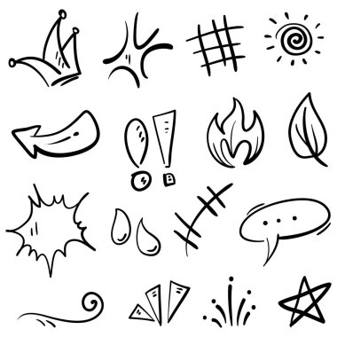 Elle çizilmiş karikatür tabelaları, eğri yönlü oklar, ifade efektleri tasarım elemanları, çizgi film karakteri duygu sembolleri, sevimli dekoratif fırça darbeleri..