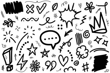 Elle çizilmiş karikatür tabelaları, eğri yönlü oklar, ifade efektleri tasarım elemanları, çizgi film karakteri duygu sembolleri, sevimli dekoratif fırça darbeleri..