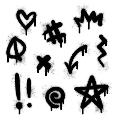 Graffiti drawing symbols set. Painted graffiti spray pattern of question mark, arrow, crown, star, fence and hand hitting. Spray paint elements. Street art style illustration. Vector. clipart