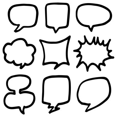 El yapımı konuşma baloncukları izole edildi. Doodle kümesi elemanı. Vektör illüstrasyonu.