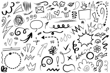 Elle çizilmiş karikatür tabelaları, eğri yönlü oklar, ifade efektleri tasarım elemanları, çizgi film karakteri duygu sembolleri, sevimli dekoratif fırça darbeleri..