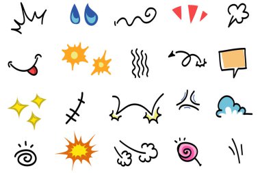 Elle çizilmiş karikatür tabelaları, eğri yönlü oklar, ifade efektleri tasarım elemanları, çizgi film karakteri duygu sembolleri, sevimli dekoratif fırça darbeleri..