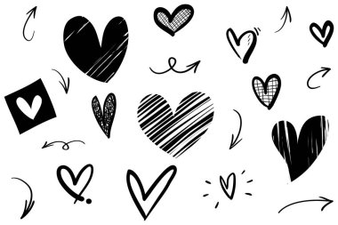 Doodle Hearts, el yapımı aşk kalpleri. Vektör illüstrasyonu.