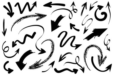 Elle çizilmiş oklar. Vektör karalama tasarım elementleri. İş bilgileri, afişler, web ve konsept tasarımı için beyaz arkaplan üzerine resim..