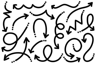 Elle çizilmiş oklar. Vektör karalama tasarım elementleri. İş bilgileri, afişler, web ve konsept tasarımı için beyaz arkaplan üzerine resim..